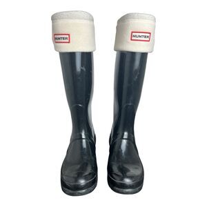 HUNTER Rain Boots Original Black Tour Gloss 16" Tall Size 7W with White Liners